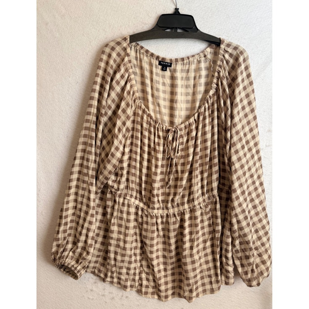 Torrid 3 Brown Gingham Peplum Blouse Plus Size Long Sleeve Empire Waist 3x 22 24